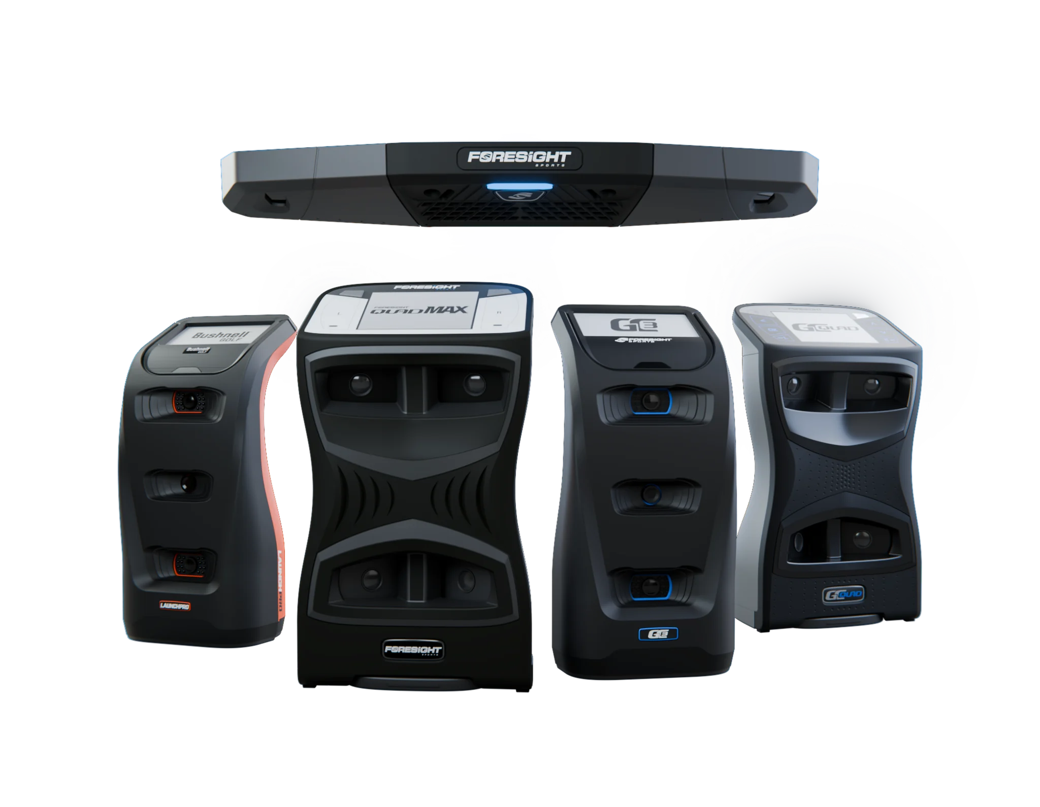 The Foresight launch monitor family: the overhead unit above Bushnell Launch Pro, QuadMAX, GC3 and GCQuad.